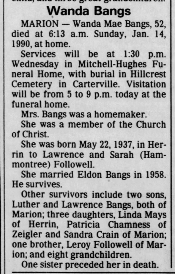 Wanda Mae (Followell) Bangs - Obituary